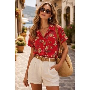 Vintage 90s Liz Claiborne Women's Travel Print Blouse Petite S Rayon Euro Summer